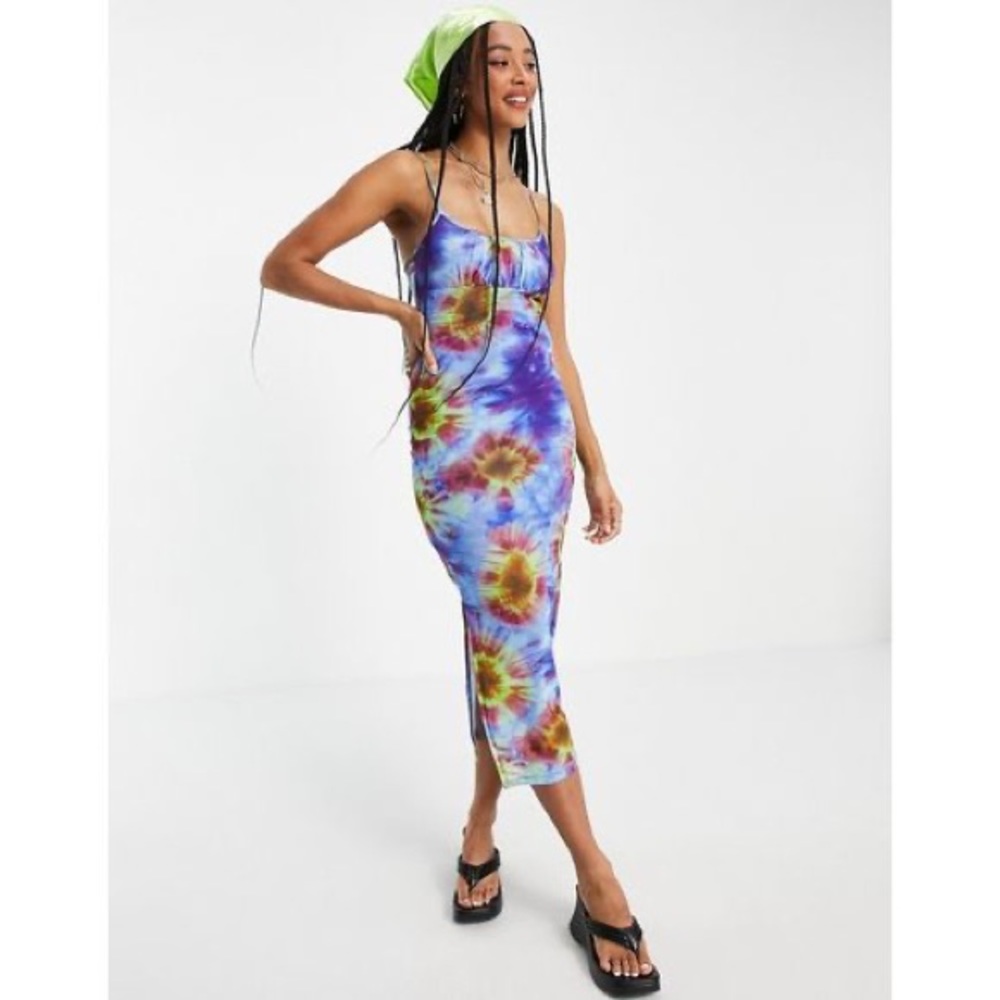 New Topshop psychedelic tie dye mesh midi slip dress in multi US 4